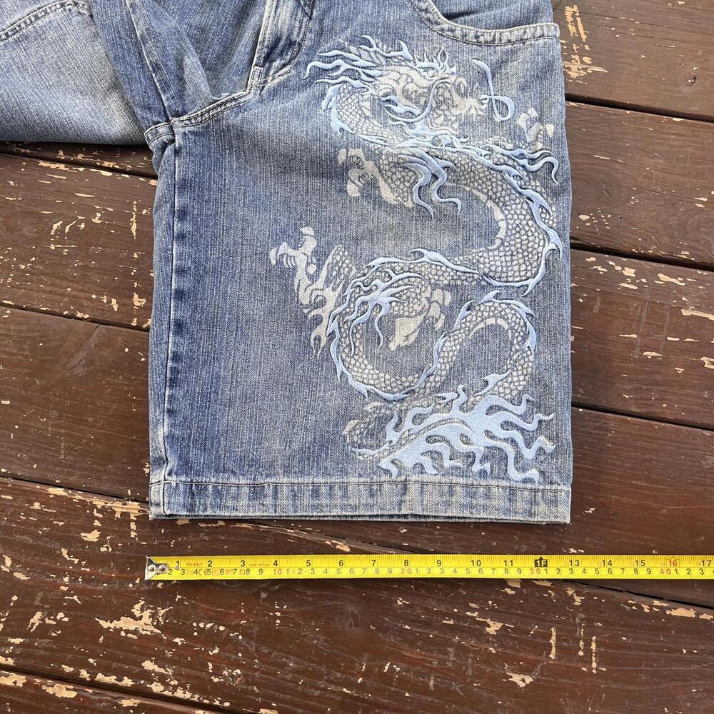 (32) Vintage 90s Y2K JNCO Jeans Jean Shorts Jorts Dragon Embroidered Baggy Skate - Picture 8 of 8